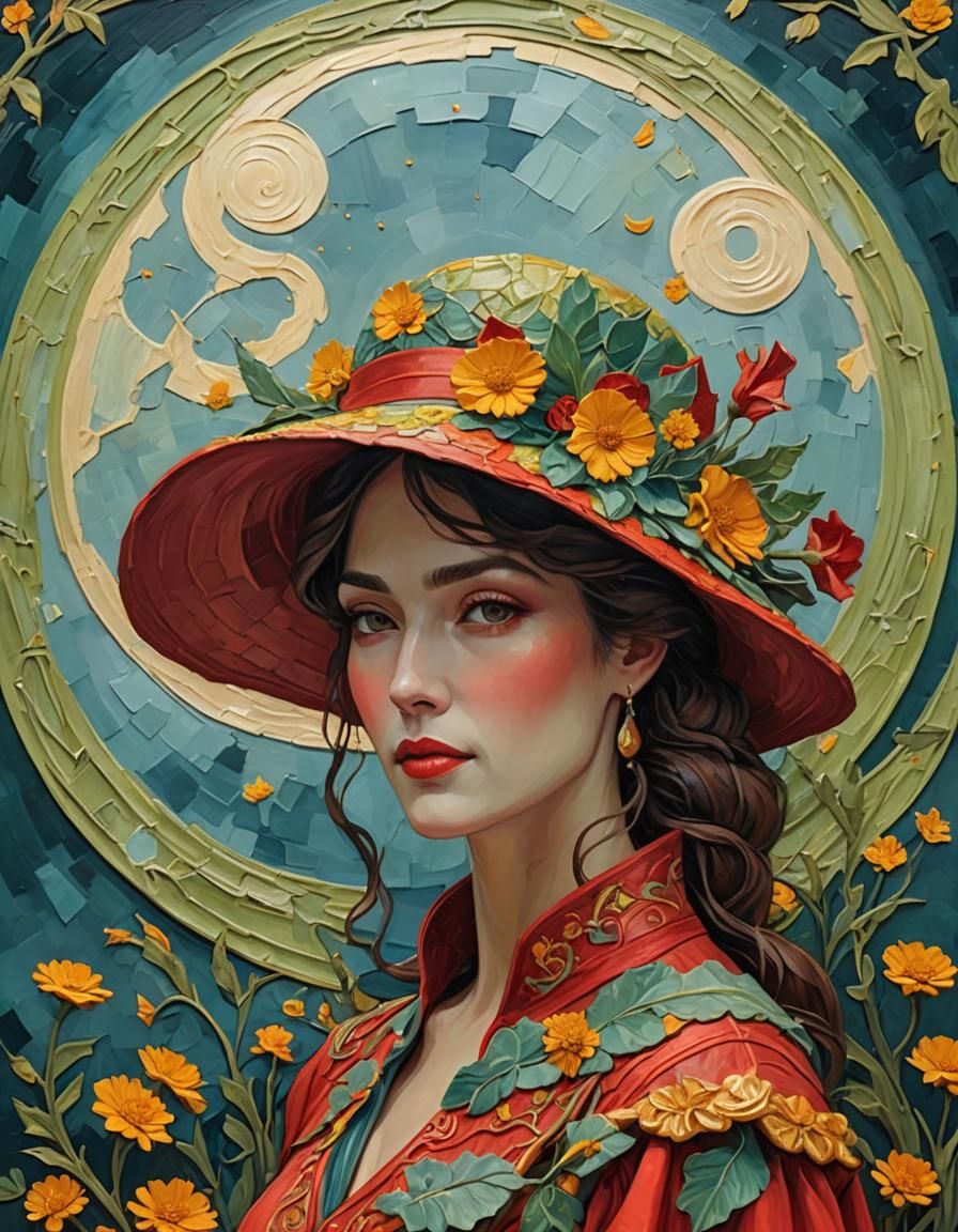 Art Nouveau Impasto Portrait of Woman in Red Hat