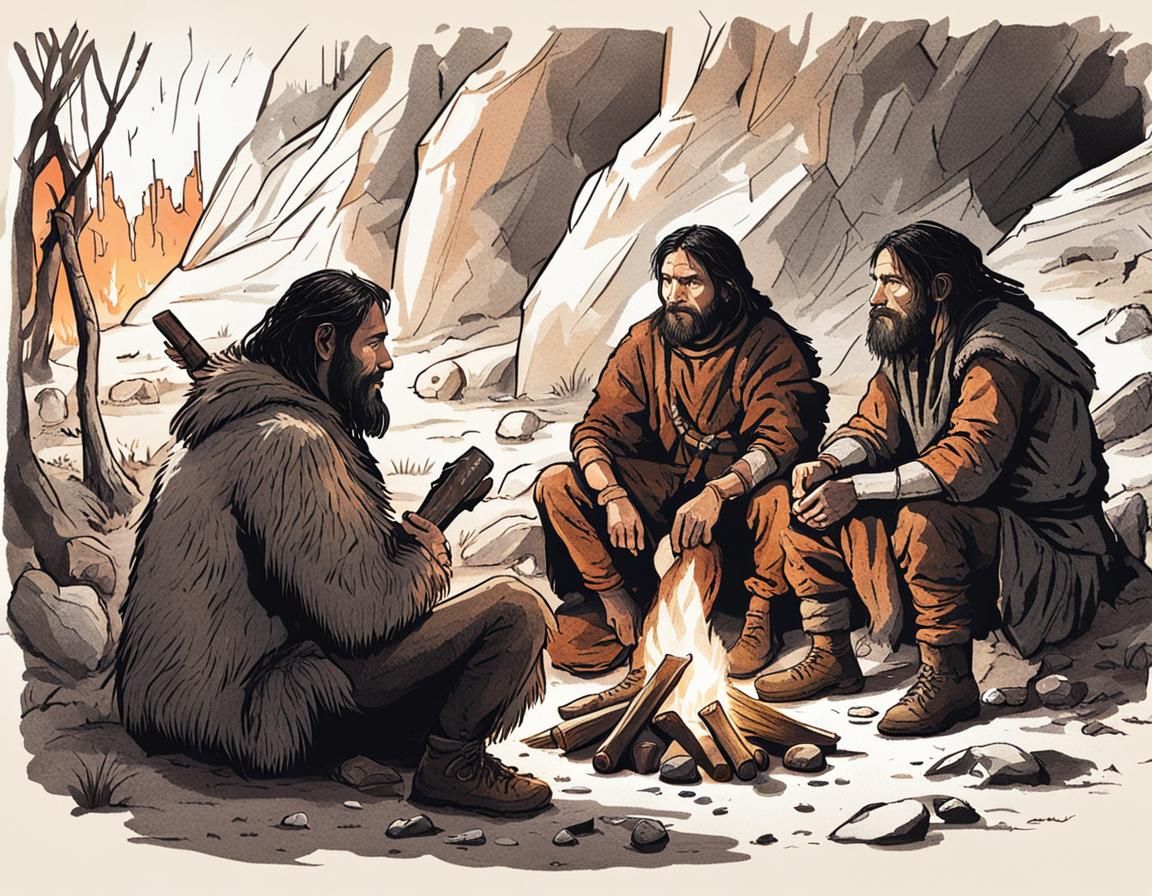 Ancient People Around Bonfire in Cave