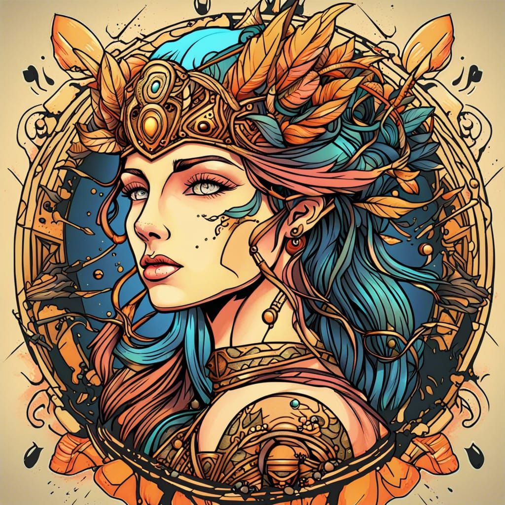 Goddess Artemis in Cel-Shading Inkpunk Style