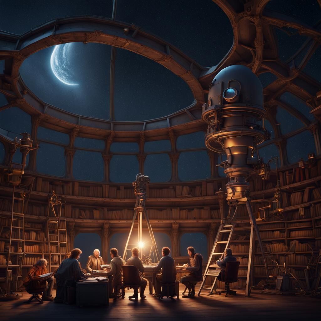 Astrophysicists Collaborate Under Night Sky, Detailed Digita...