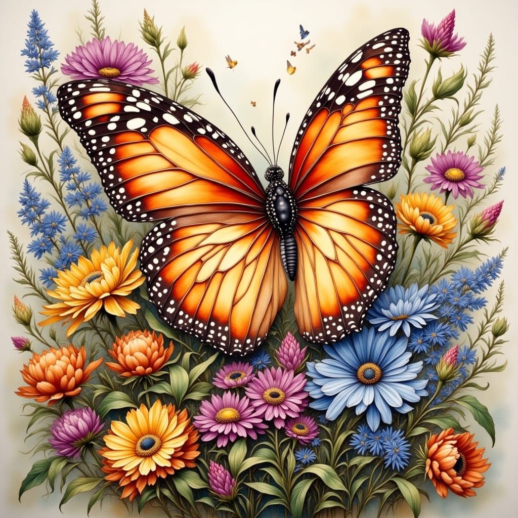 Butterfly Blooms in Antique Watercolor Style