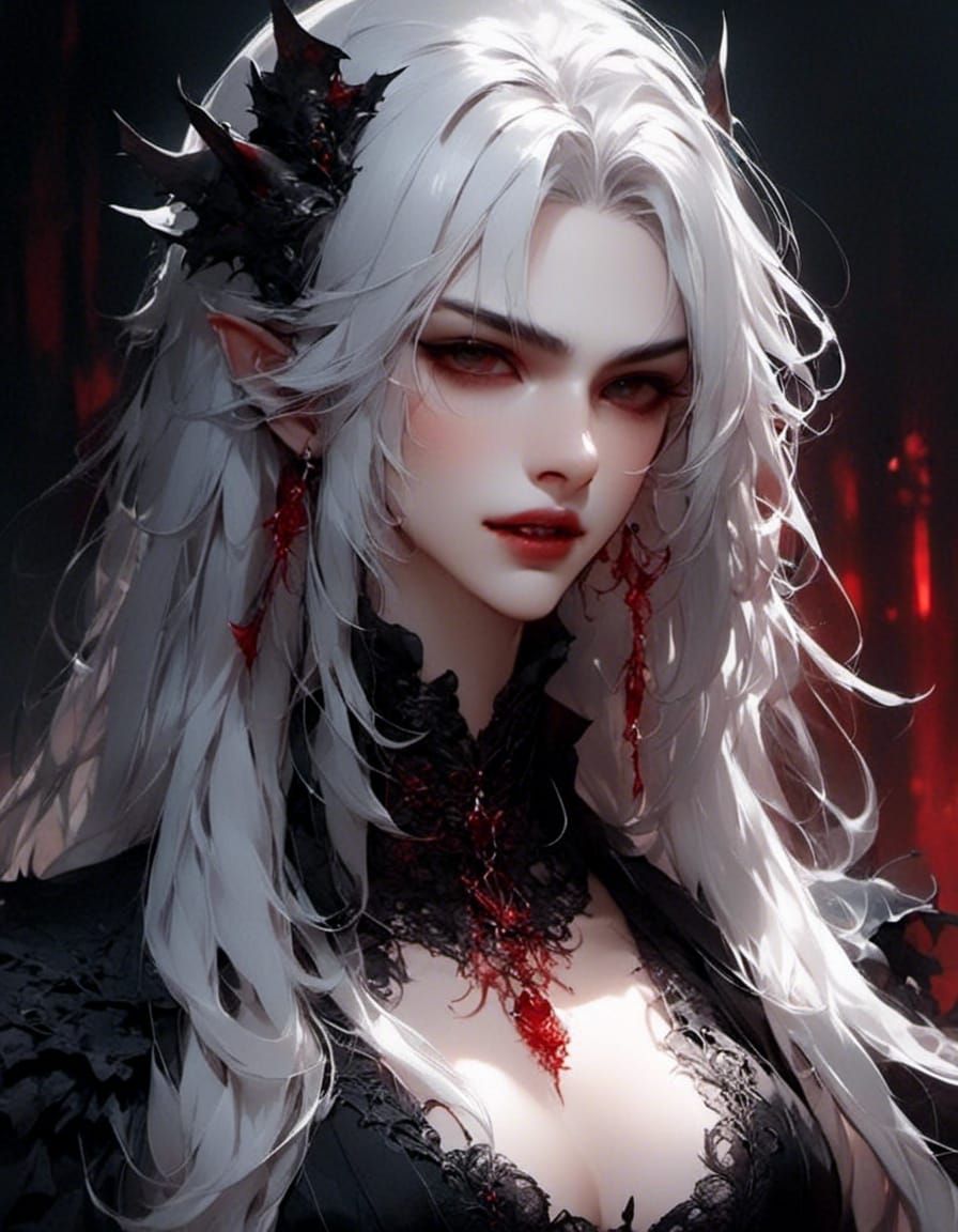Vampire Portrait with Long Black Hair and Fangs