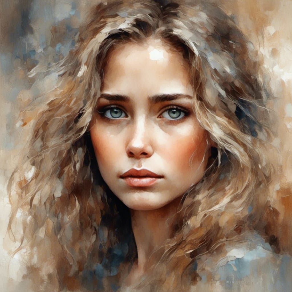 Watercolor Portrait of Exhausted Woman with Brown Eyes