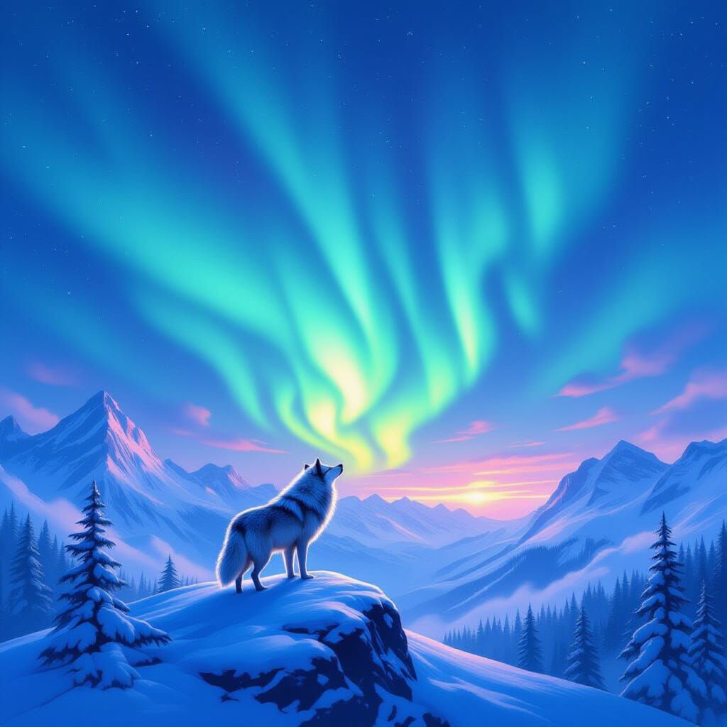 Wolf Gazes at Aurora Borealis in Kinkade Style