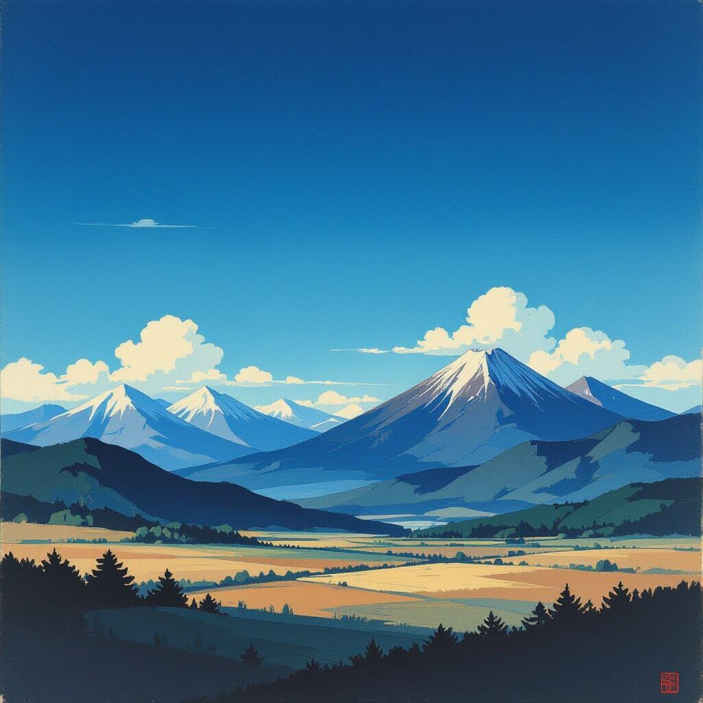 Majestic Mountains Meet Serene Sky: Japanese Art Style