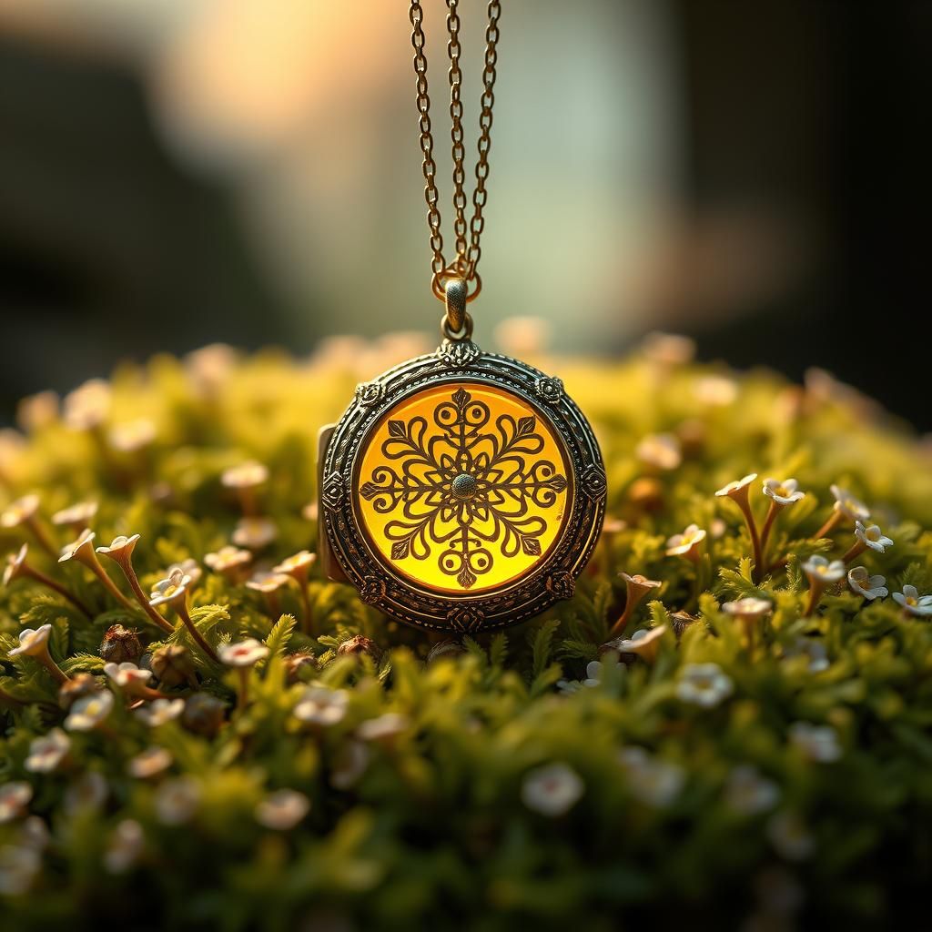 Ornate Golden Locket on Moss with Star Flowers