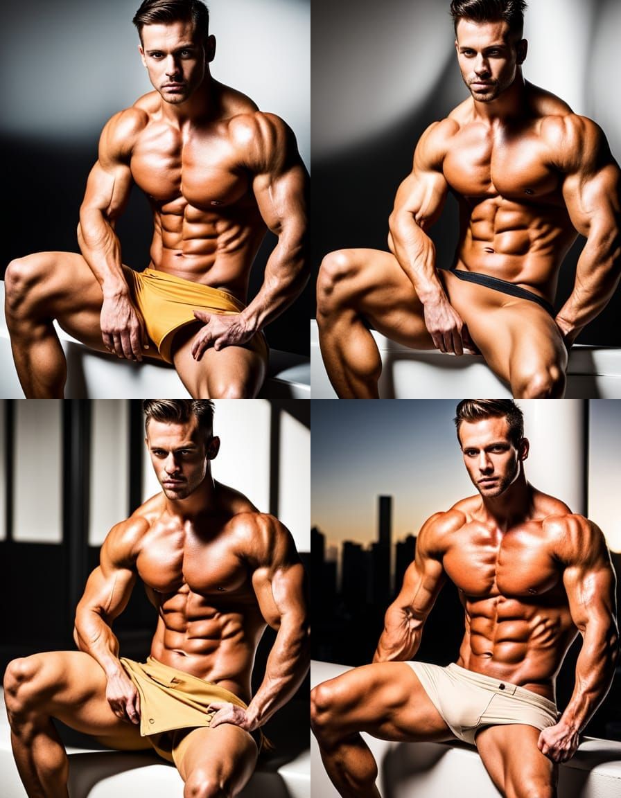 Ripped Bodybuilder Flexing Abs and Biceps