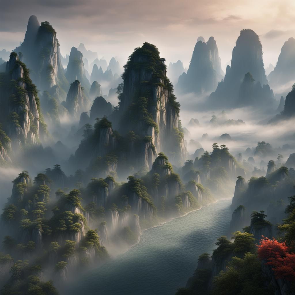 Misty Guilin Mountains: Detailed Matte Painting