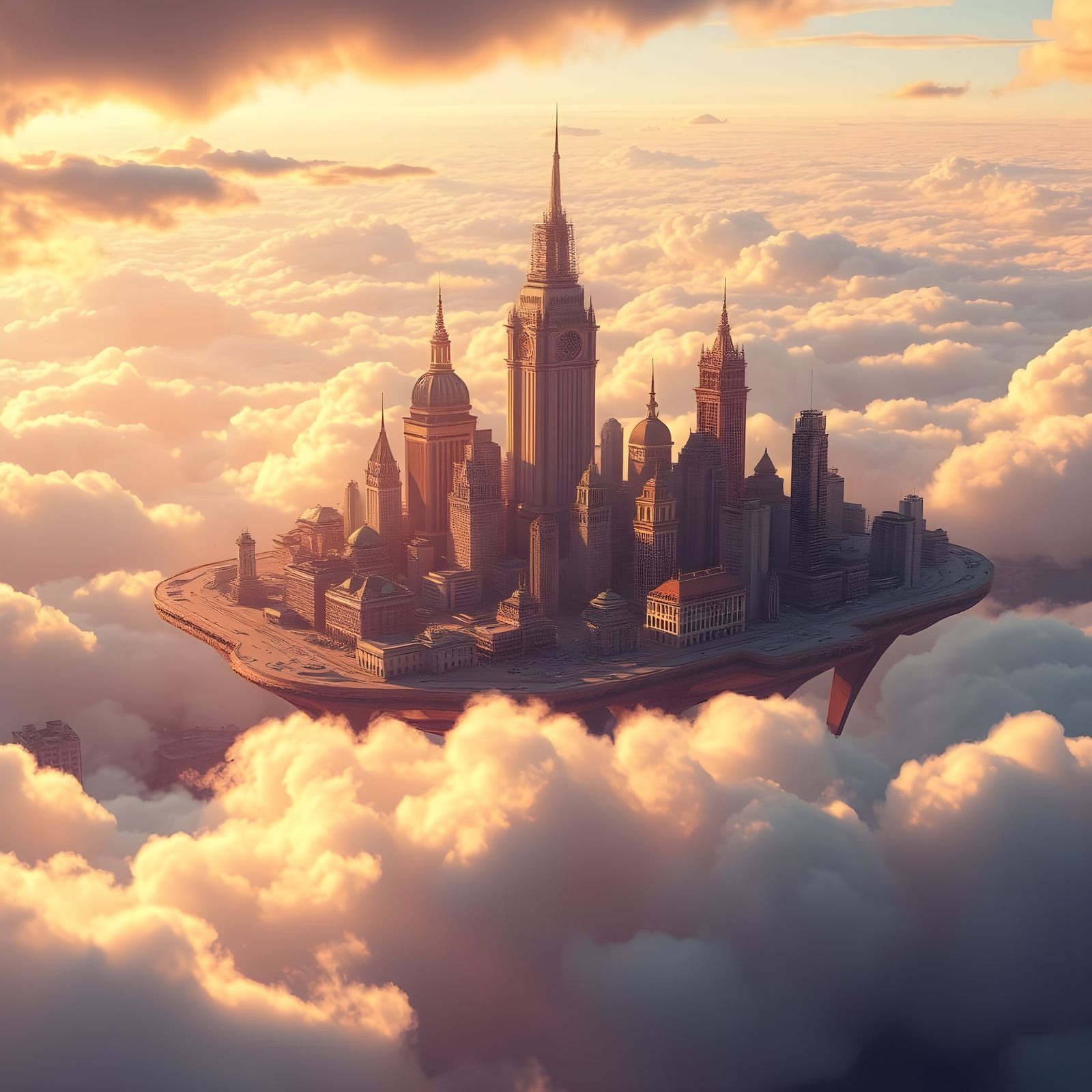 Surreal Floating City at Golden Hour