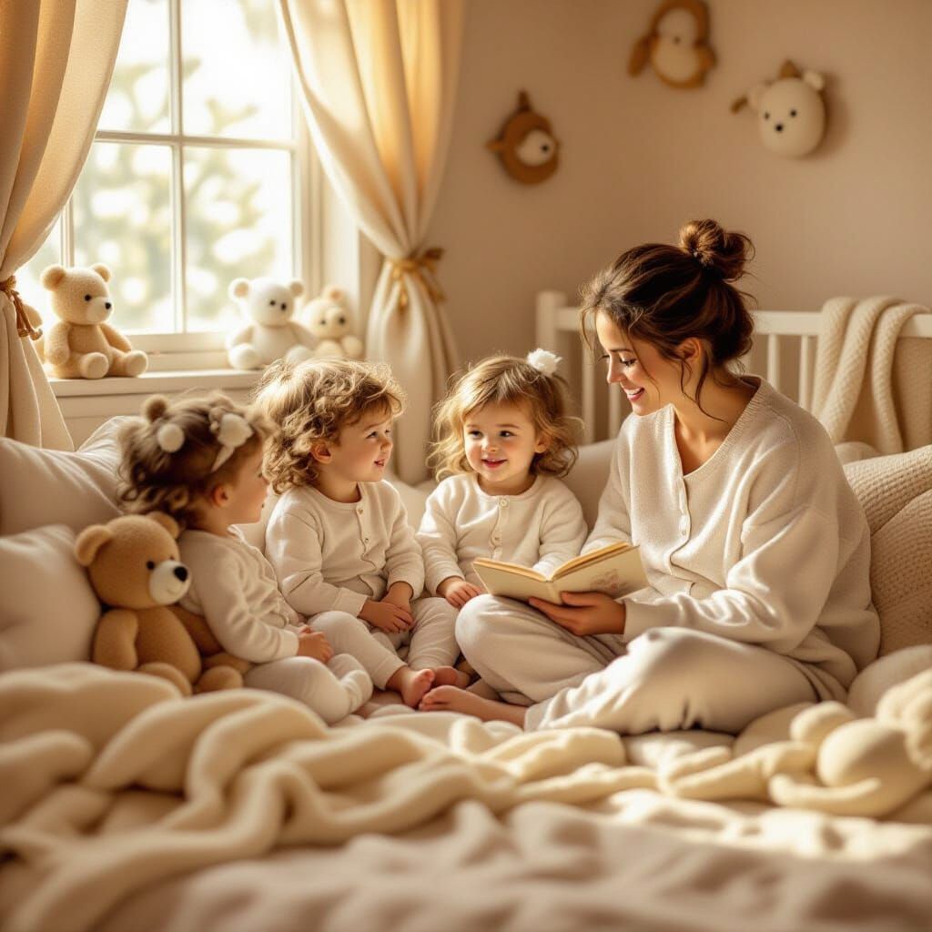 Cozy Story Time in Golden Nursery, Whimsical Illustration St...