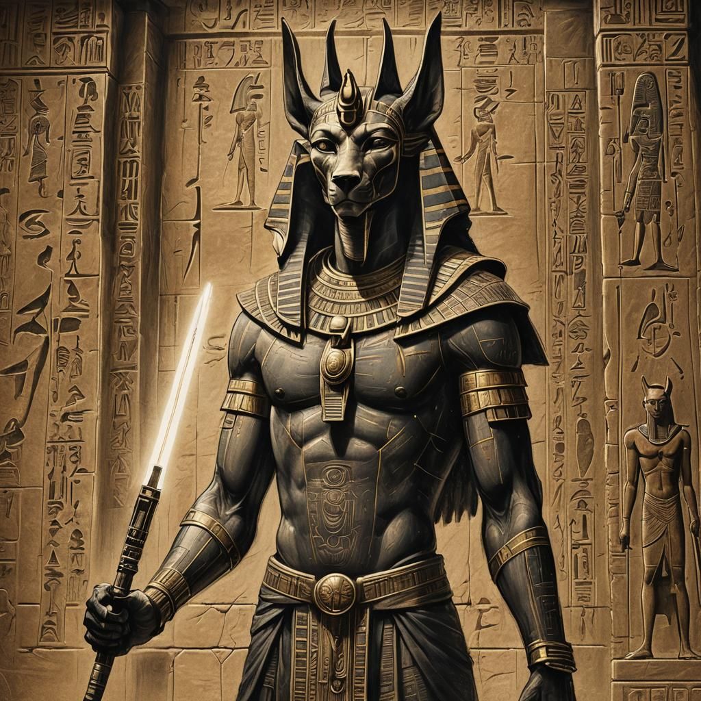 Anubis with Lightsaber in Charcoal Drawing