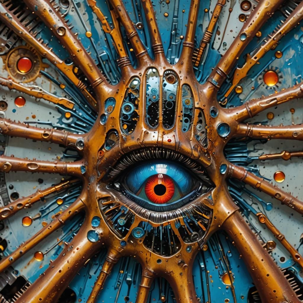 Surreal Biomechanical Eye in Metallic Hand
