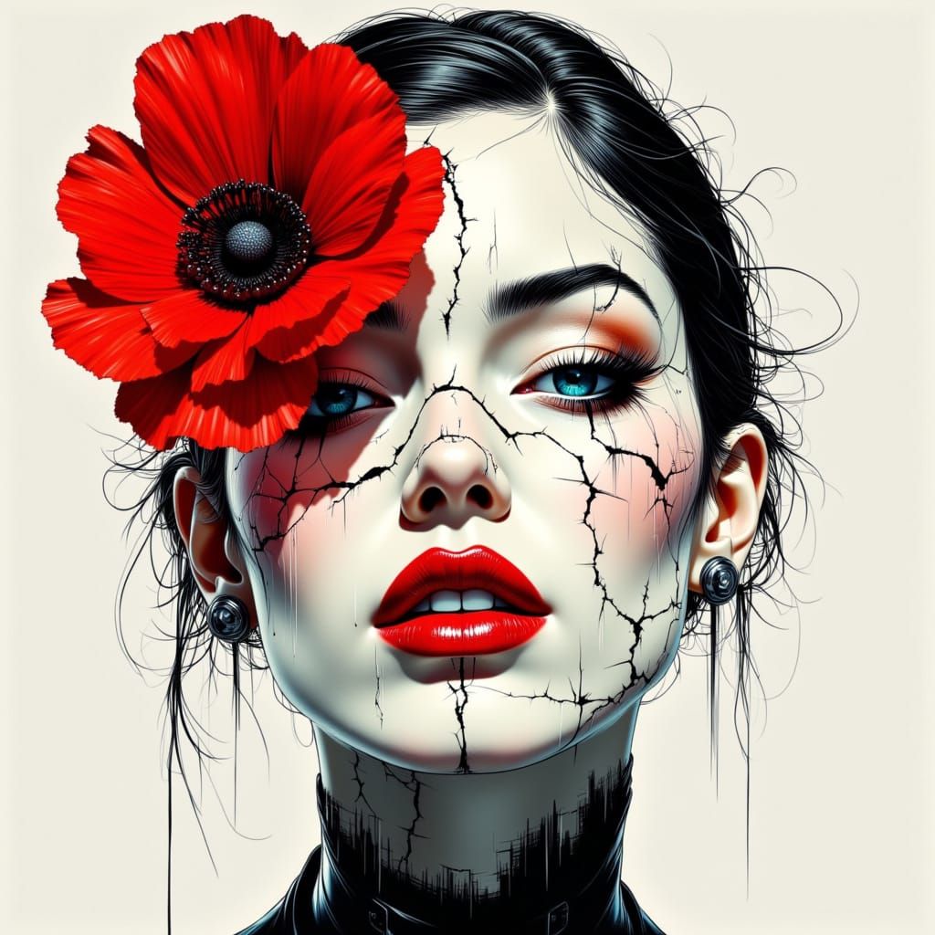 Cracked Porcelain Anime Woman with Red Poppy