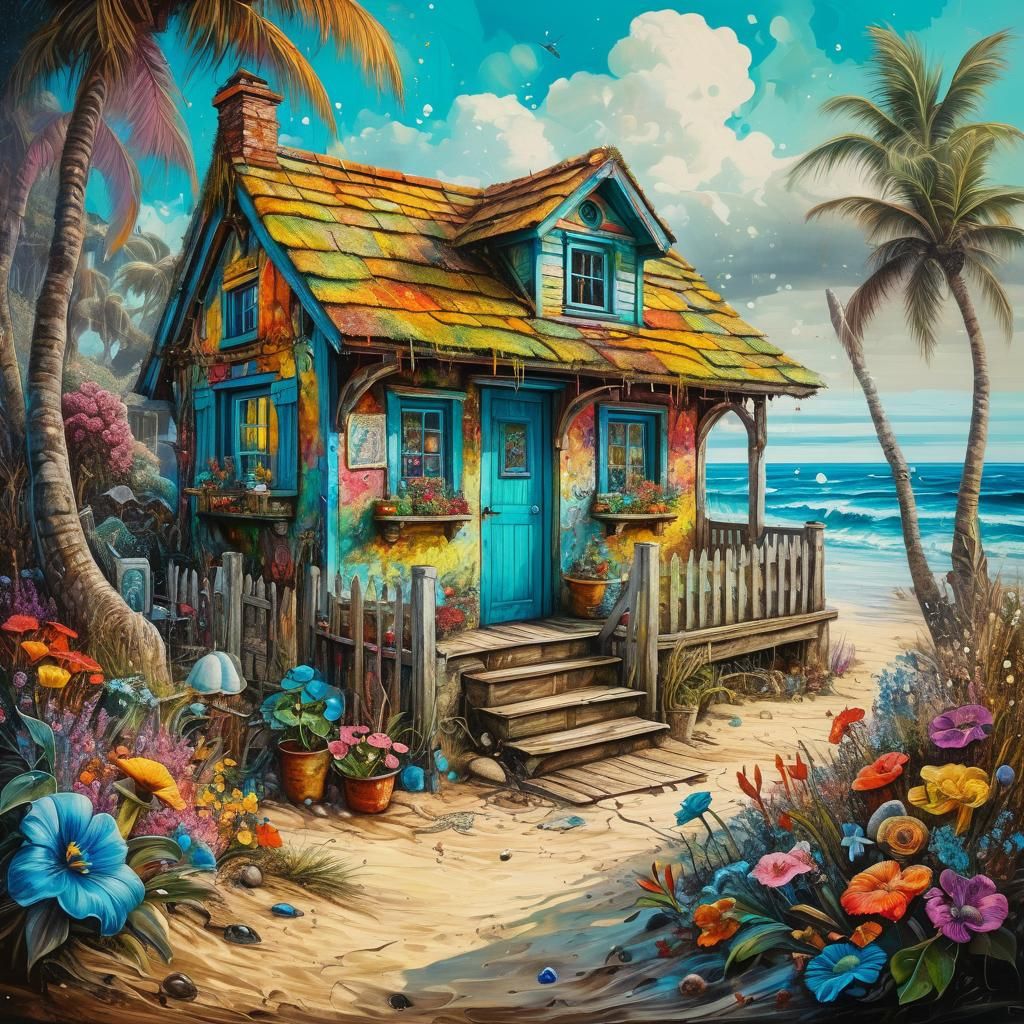 Vintage Beach Cottage in Polychromatic Street Art Style