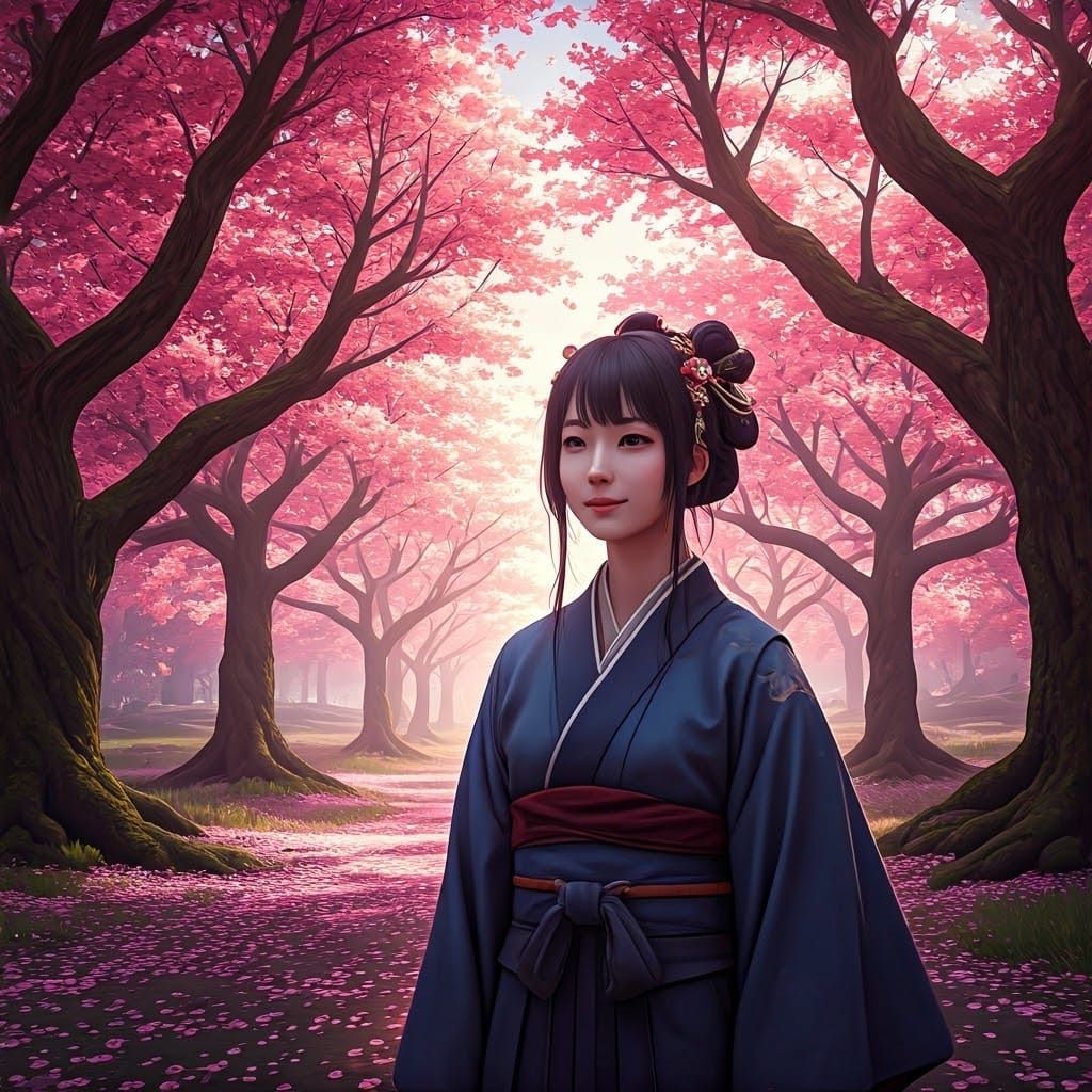 Woman in Cherry Blossom Forest, Anime Style