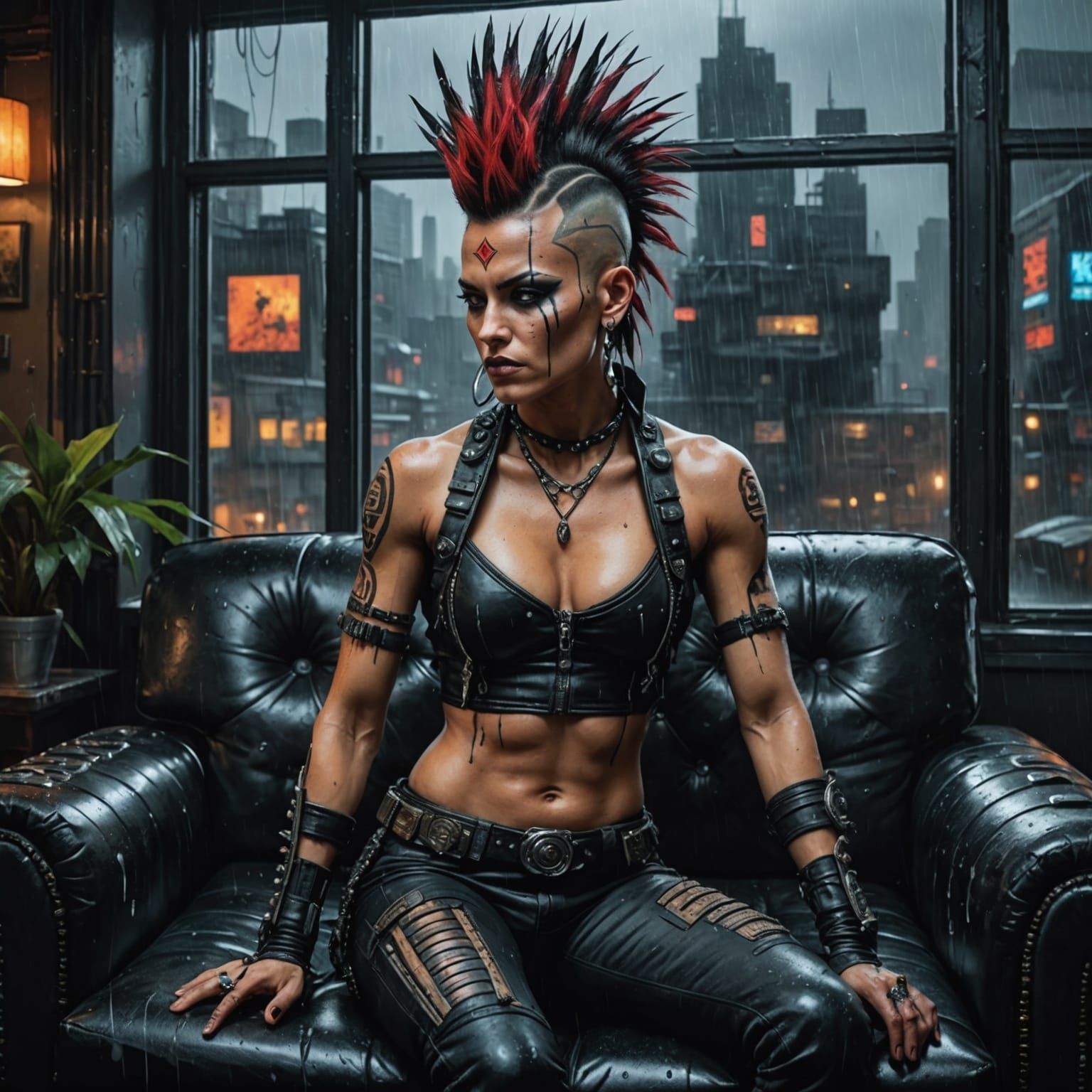Gothic Cyberpunk Goddess with Tribal Mohawk and Mechanical L...