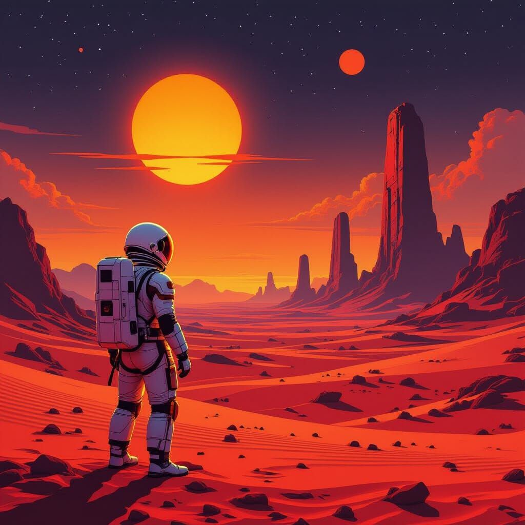 Astronaut on Crimson Planet Under Binary Sunset