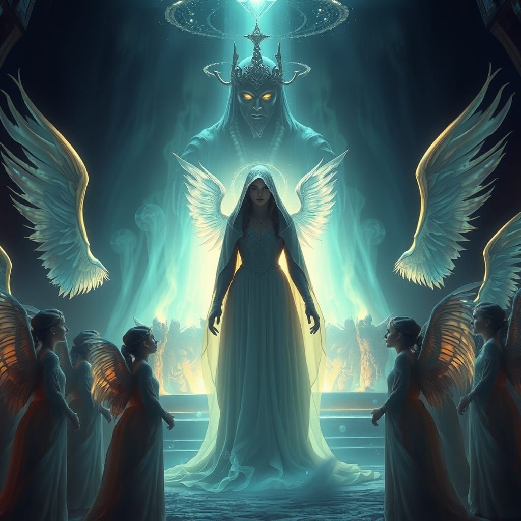 Ethereal Queen Channels Cosmic Energy Beside Luminous Altar