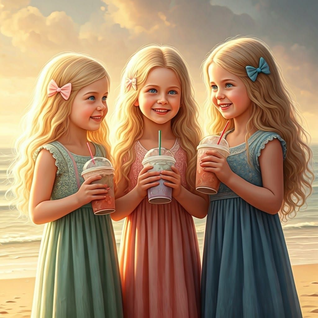 Blonde Girls Enjoy Iced Coffees on a Whimsical Beach at Suns...