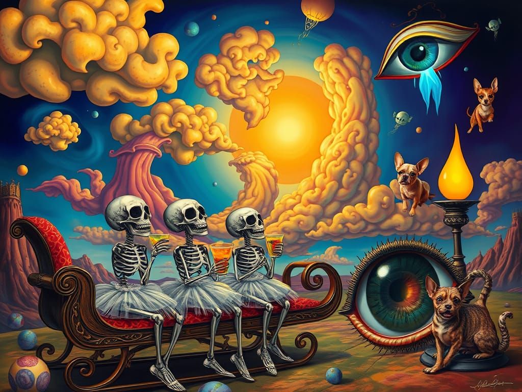 Surreal Dreamscape with Skeletons Sipping Cocktails