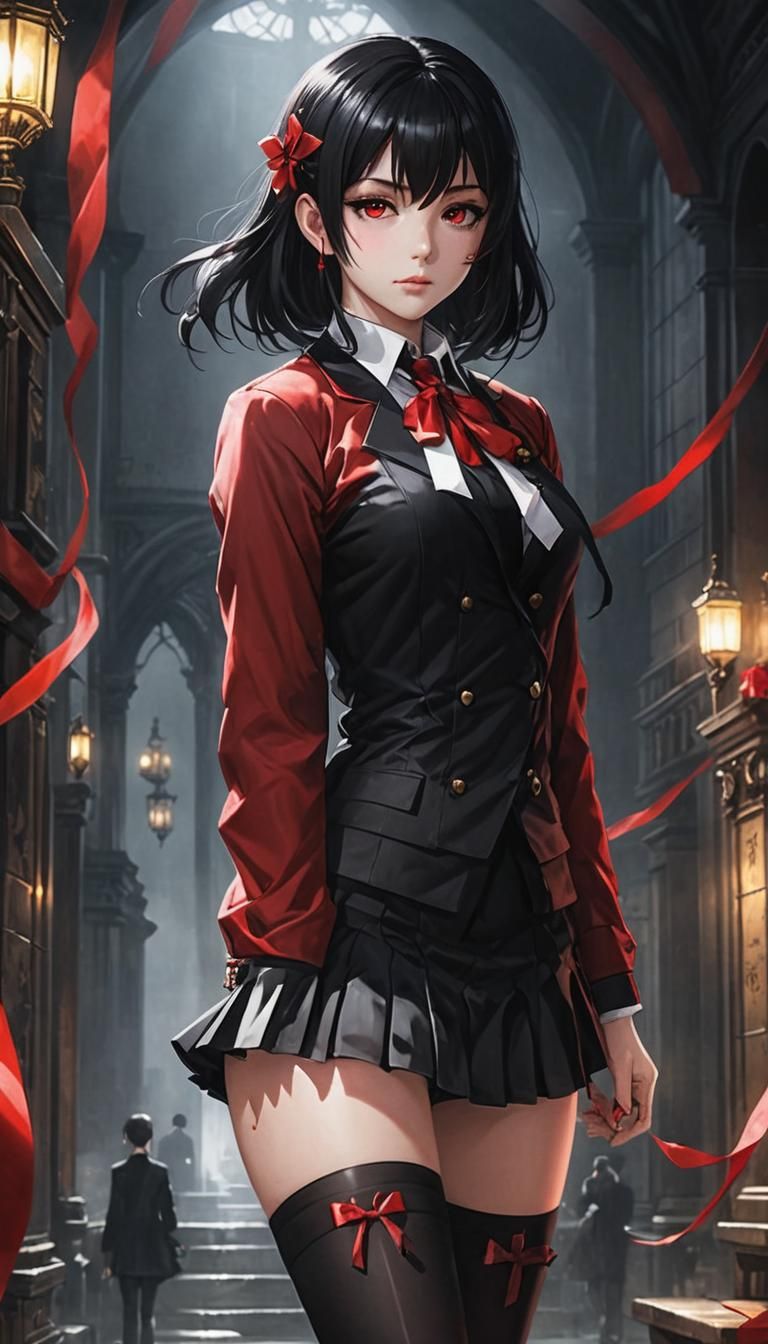 Sultry Young Anime Queen Sits on a Throne in Gothic Elegance