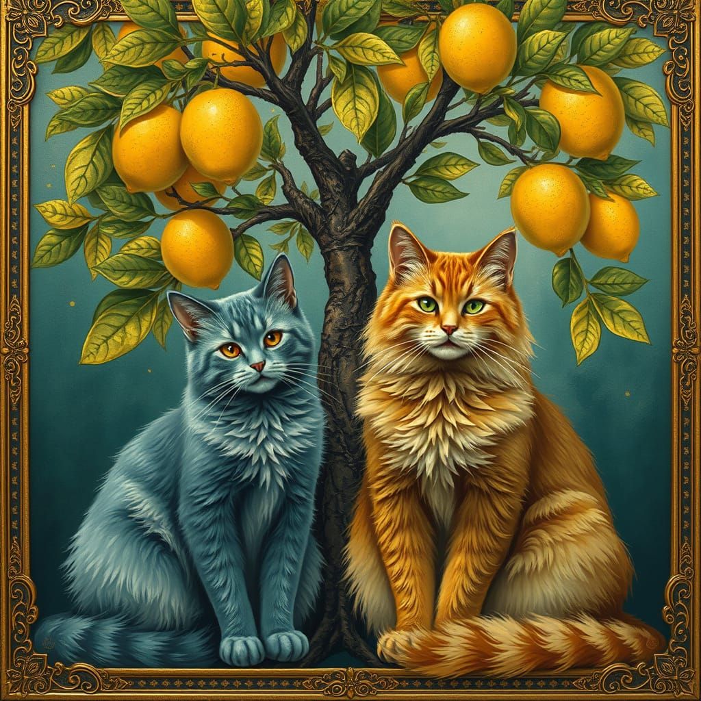 Teal and Golden Felines Under a Lemon Tree