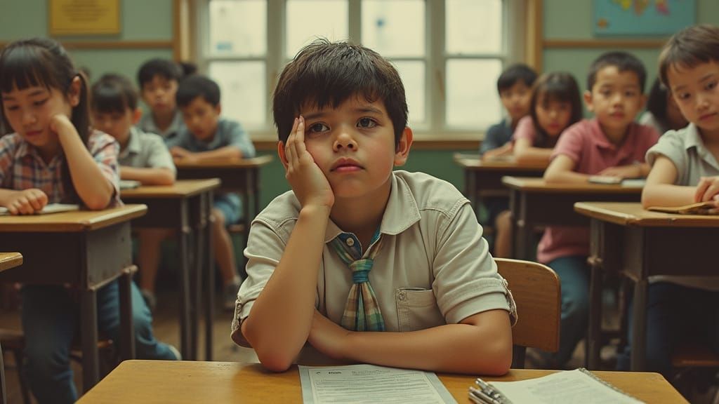 A Lonely Boy Sits Alone in School, Mocked by Classmates in a...