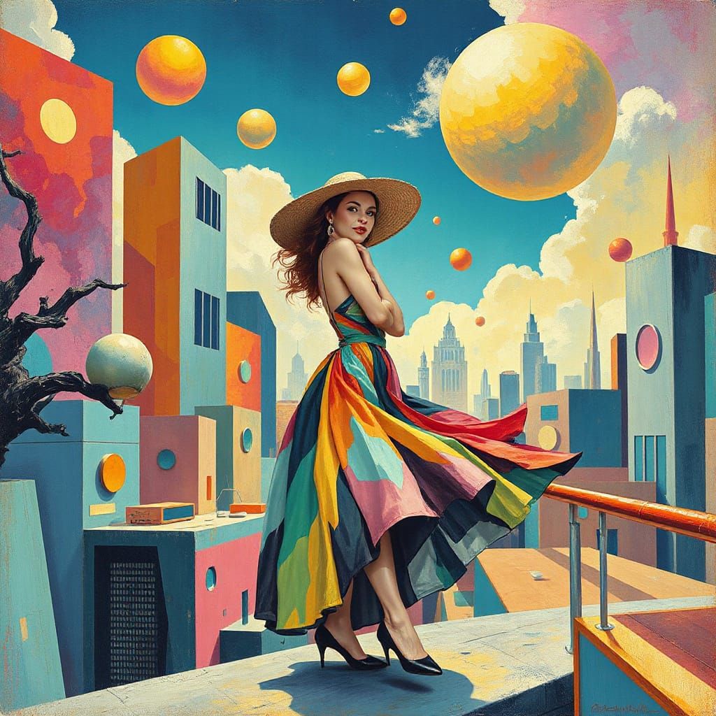 Dreamlike Cityscape with Geometric Forms in Abstract Style