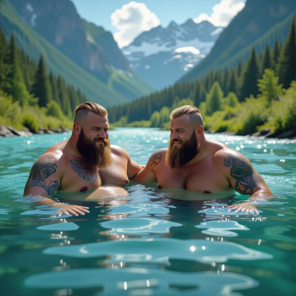 Two Obese Vikings Swim in Mountain River, Hyper-Realistic
