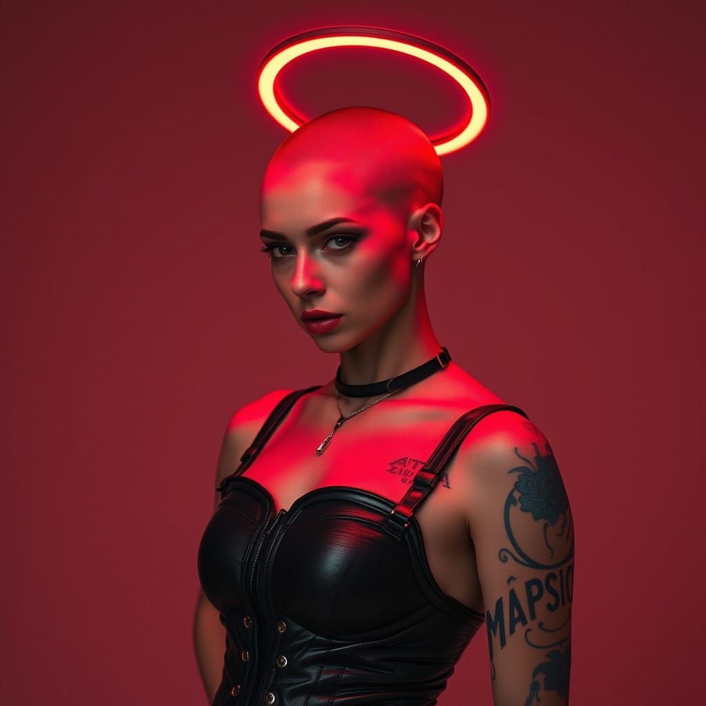 Cyberpunk Goddess with Red Halo in Leather Corset