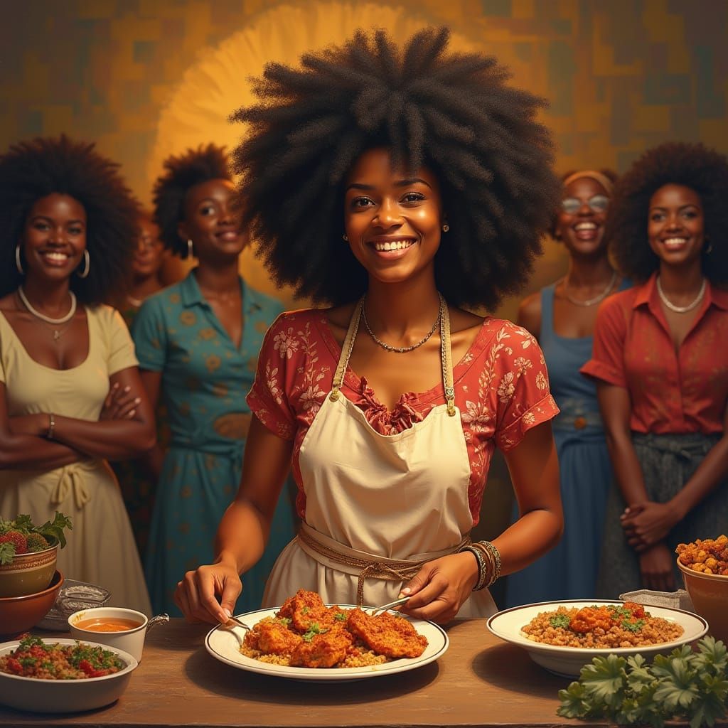 Soulful Celebration: Black Woman Cooking with Vibrant Commun...