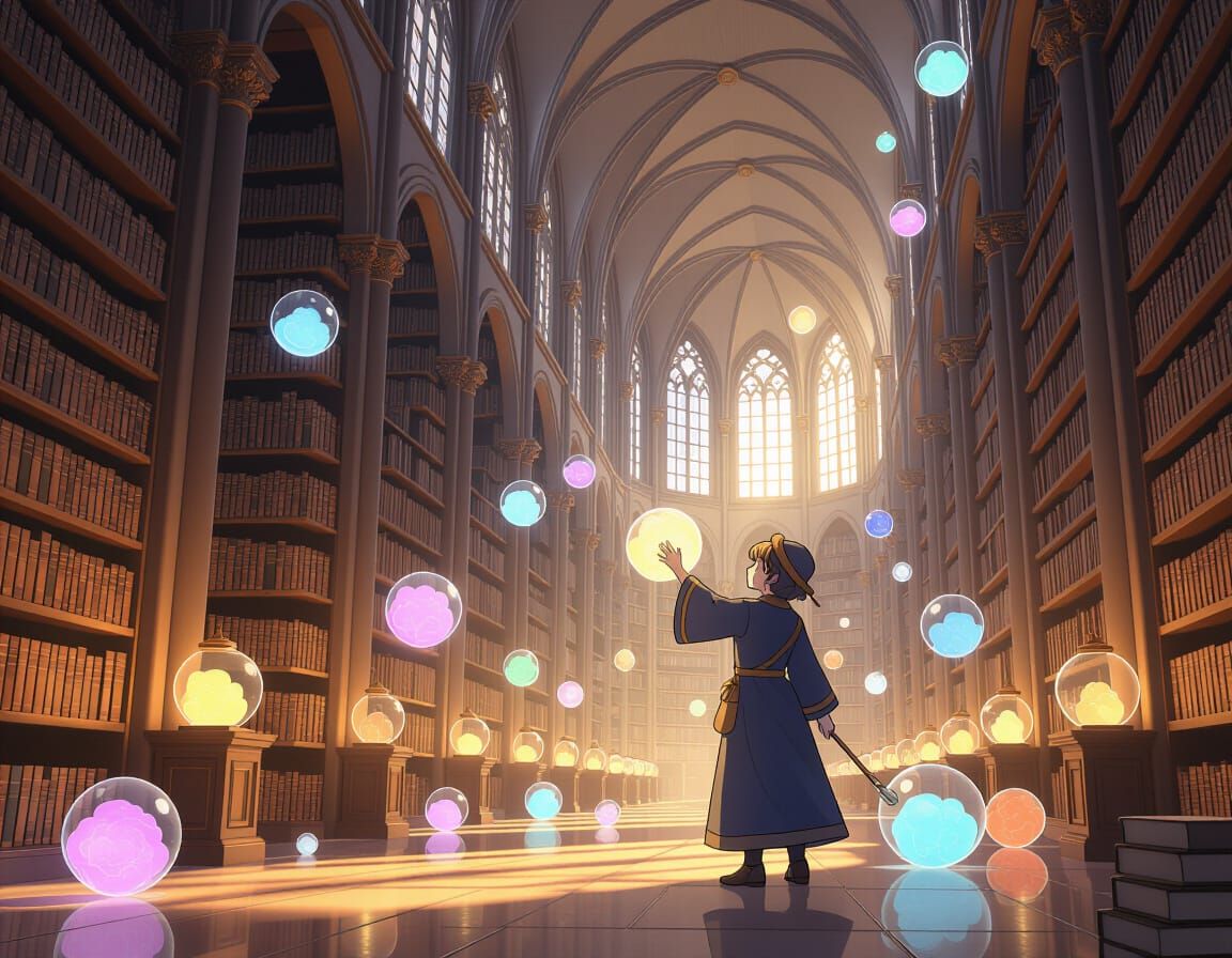 Guardian Custodian Gathers Dream Orbs in Cathedral Library