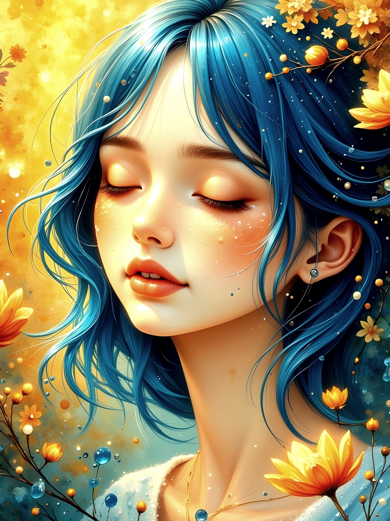 Blue Haired Girl With Eyes Closed in Romantic Illustration S...