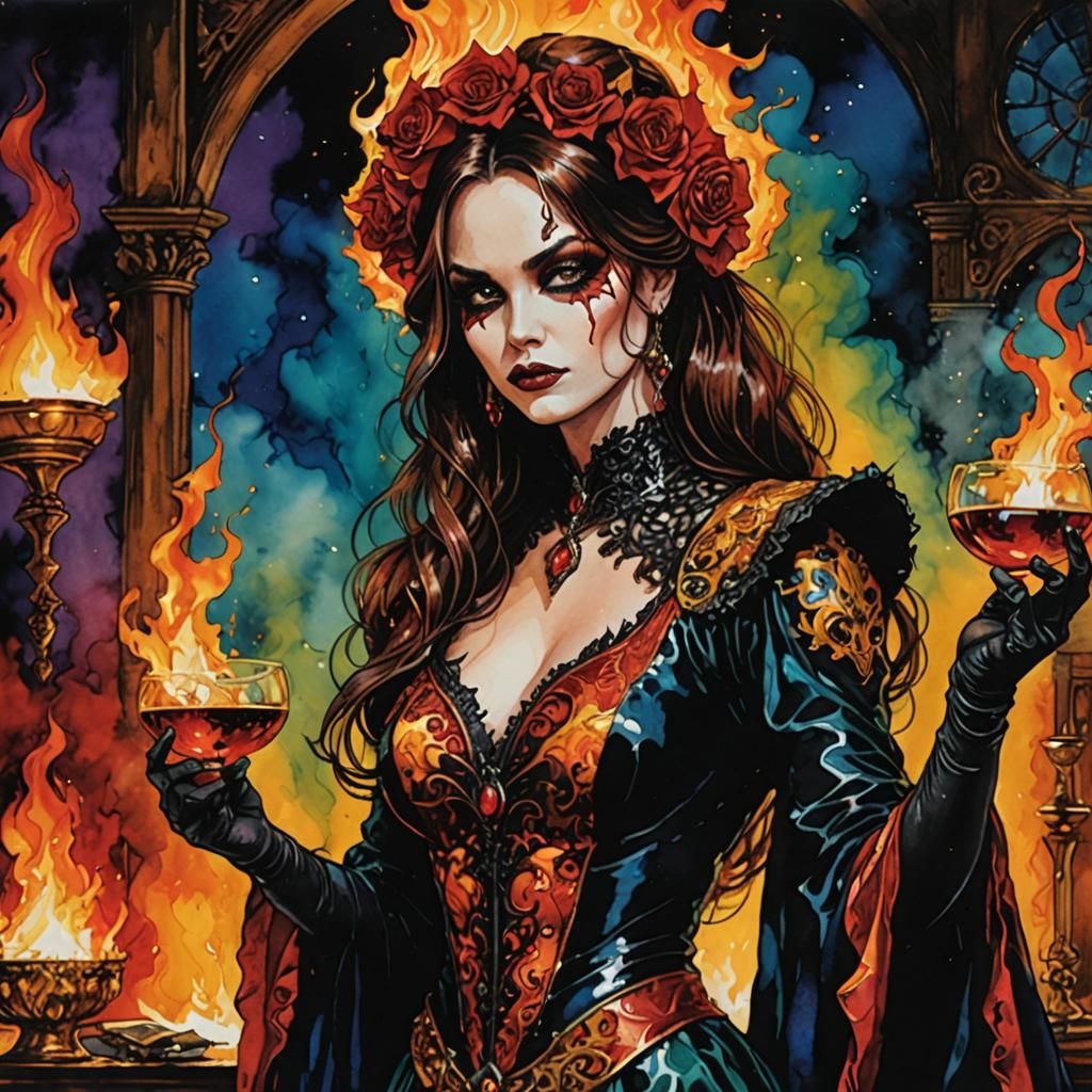 Woman Pyromancer in Burning Ballroom, Alcohol Ink Style