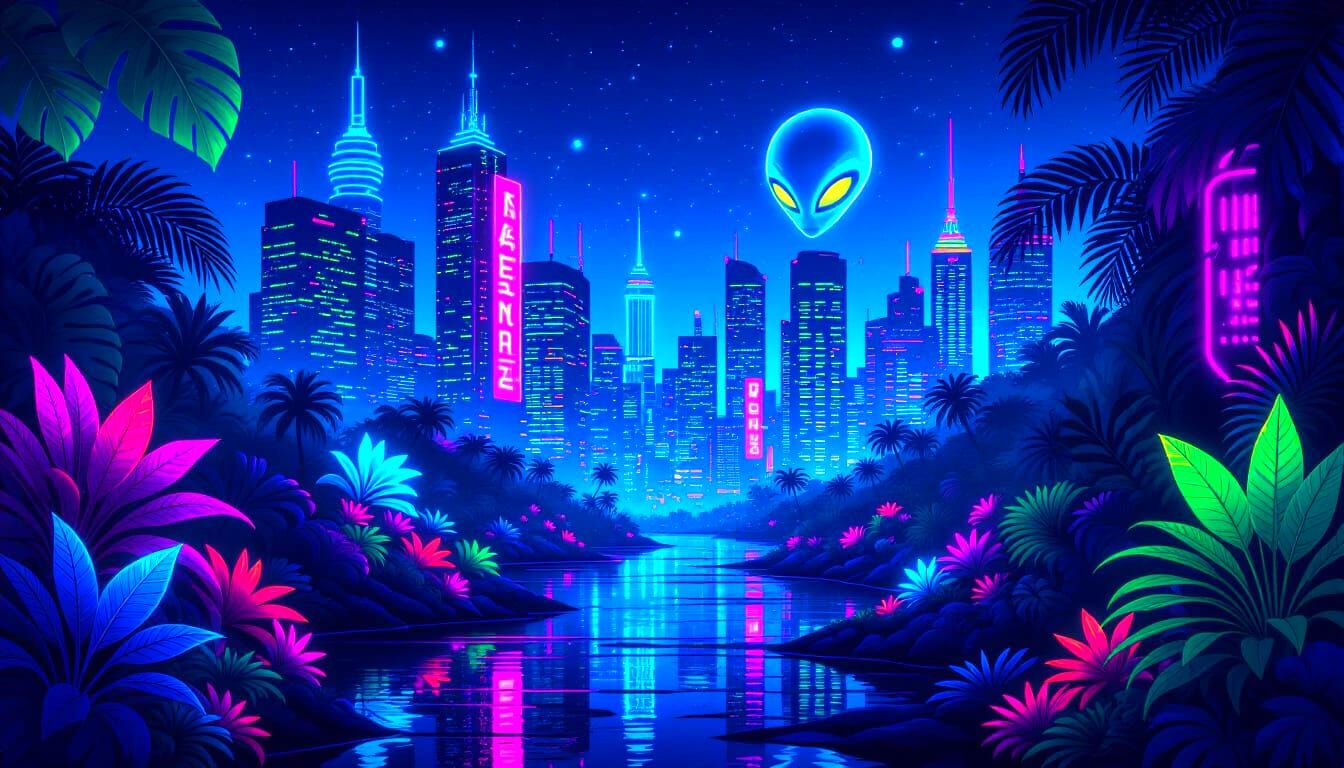 Neon Alien Jungle in Futuristic Cityscape
