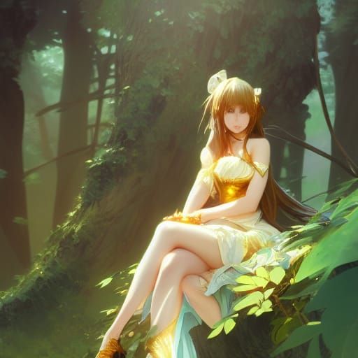 Anime Girl on Tree: Hyperdetailed Art in Orange and Teal