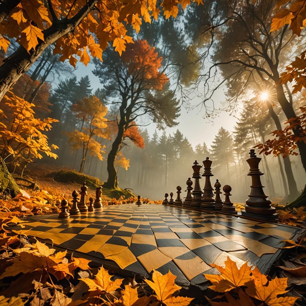 Surreal Autumn Chessboard in Dreamlike Forest