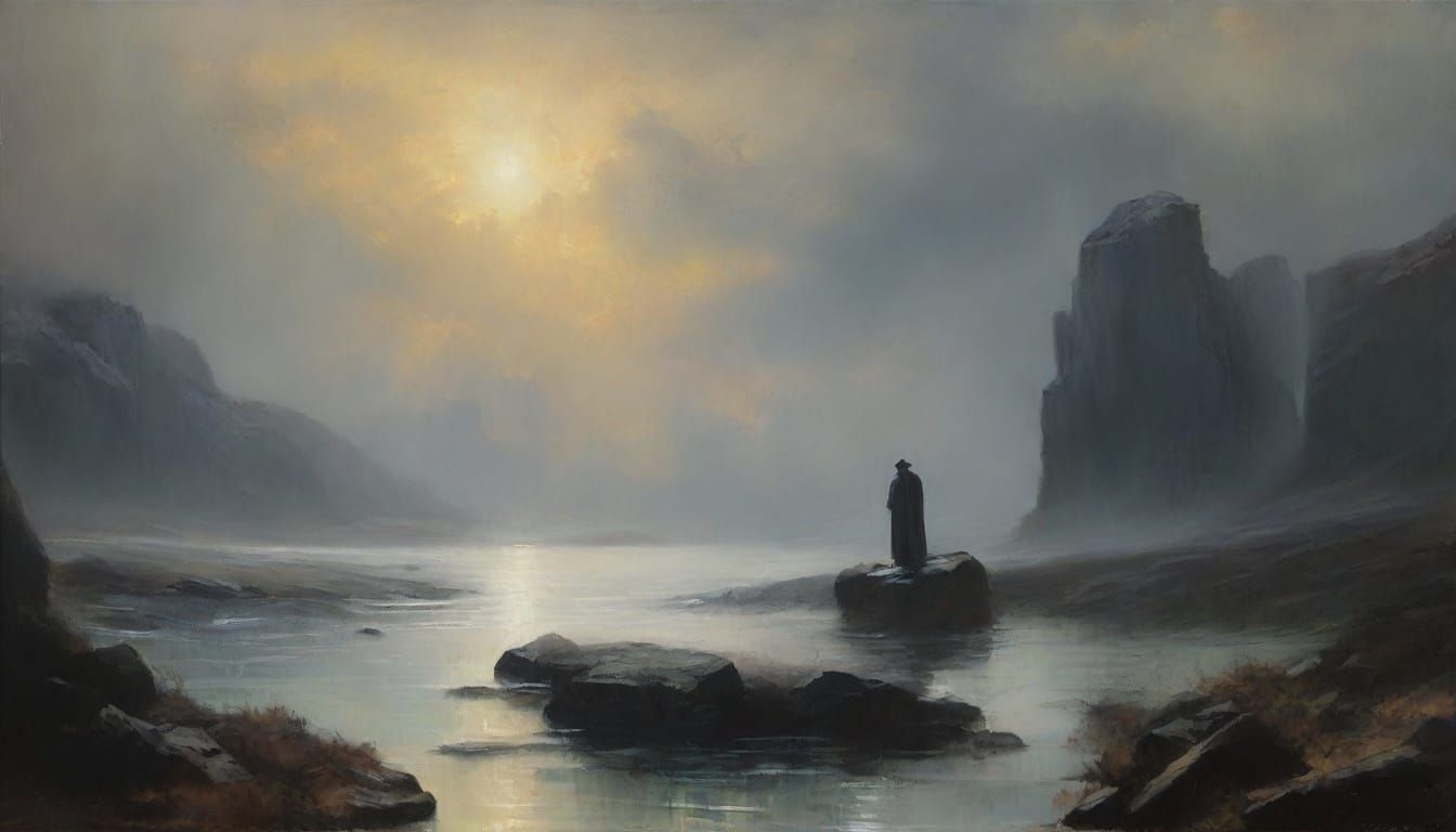 Mystical Figure Gazing into Abyss: Romanticism Oil Painting