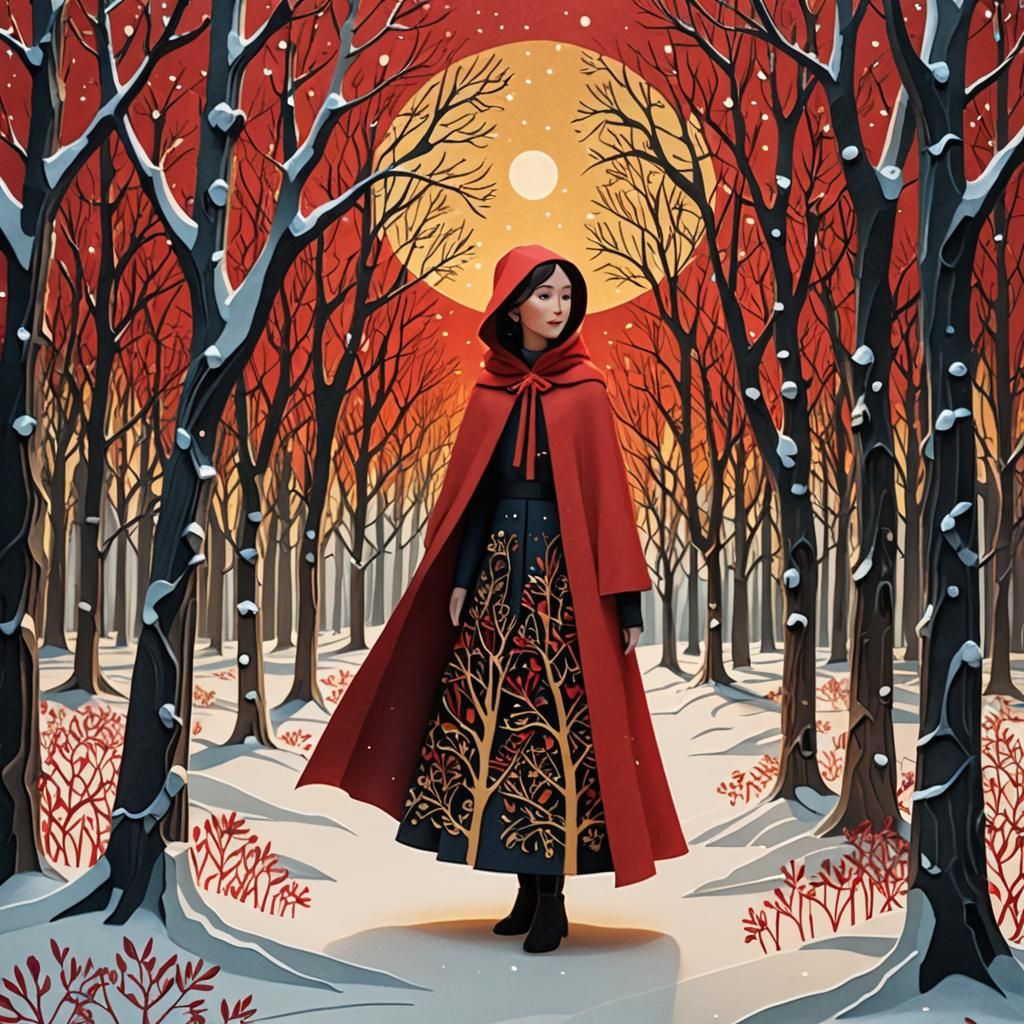 Woman in Red Cloak, Construction Paper Art