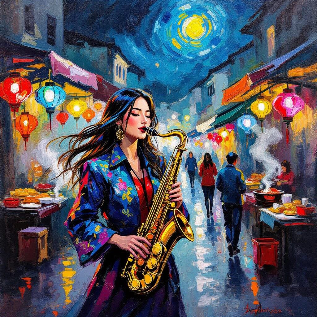 Vietnamese Saxophonist Plays in Neon-Lit Market