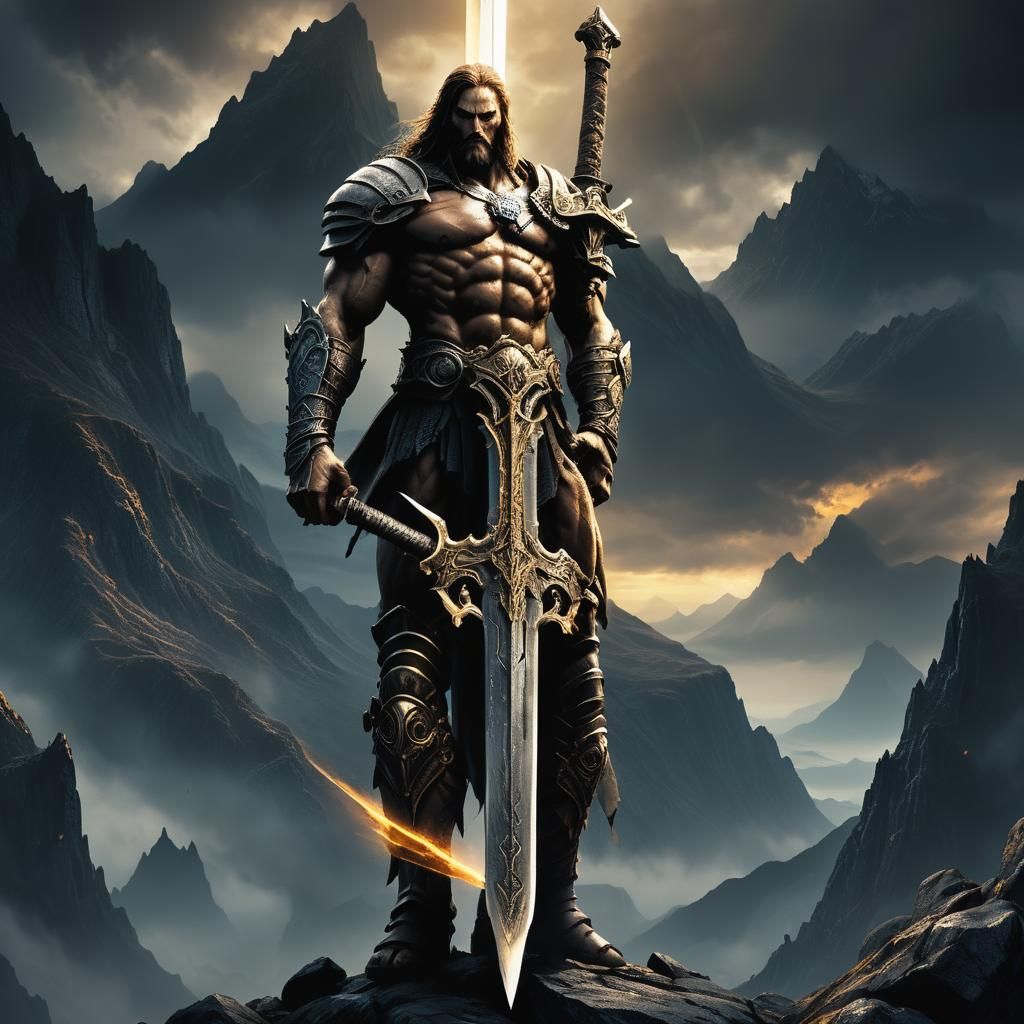 Titan with Glowing Runes Sword: Epic Fantasy Art