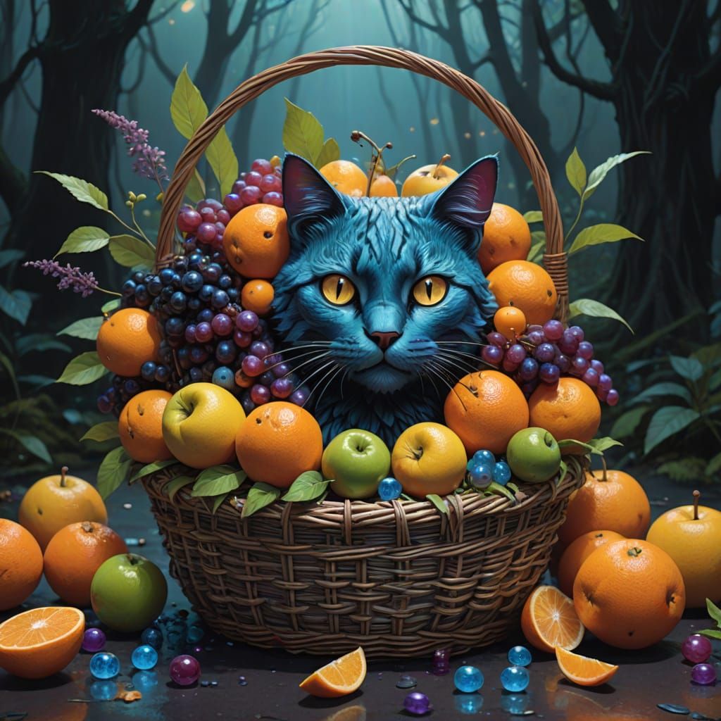 Fruit Basket Whimsy: A Whimsical Cat-Faced Fruit Arrangement