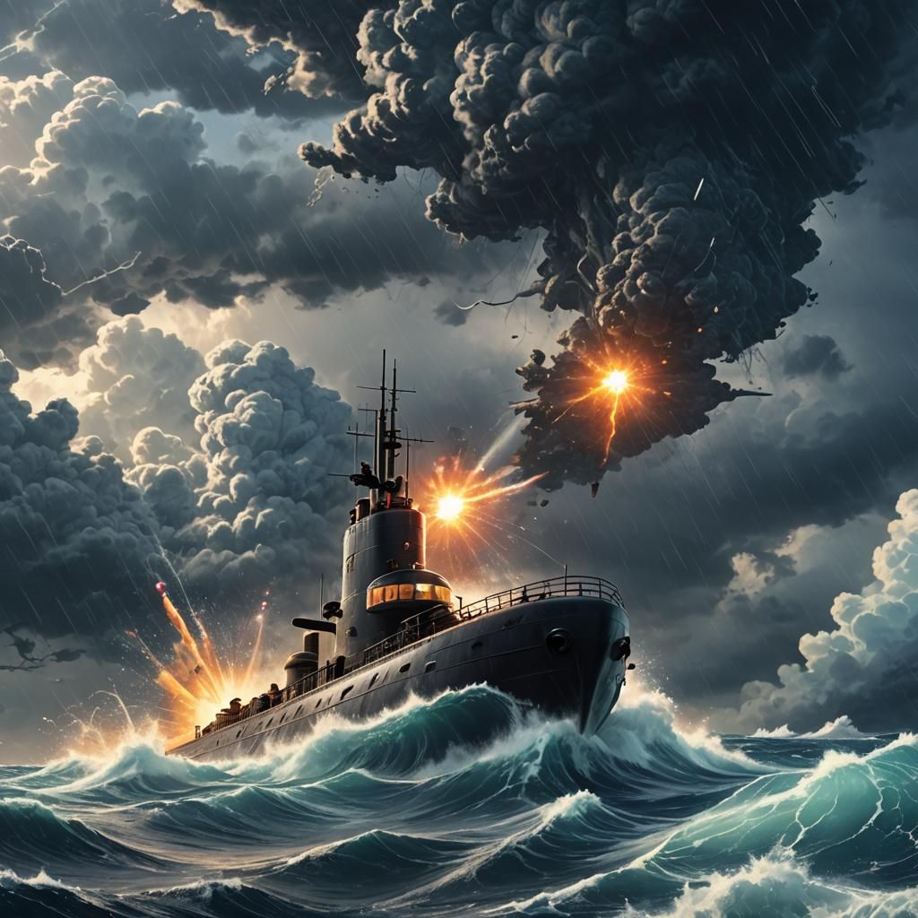 Submarine in Raging Ocean, Cinematic Anime Style
