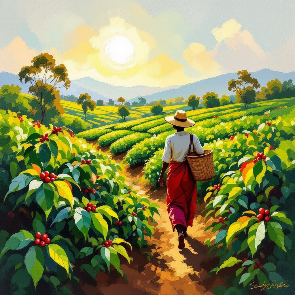 Ethiopian Coffee Farmer in Lush Green Fields
