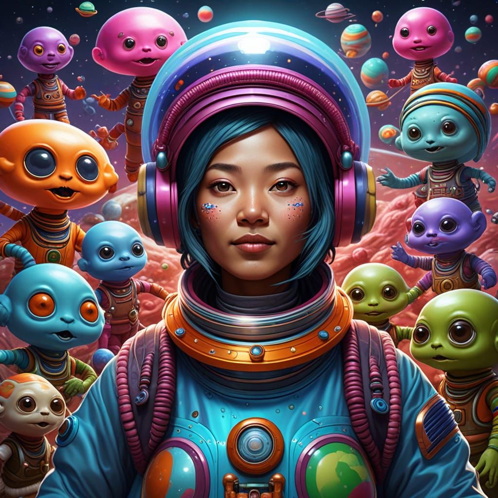 Shaman Woman in Space Suit Surrounded by Playful Aliens in W...