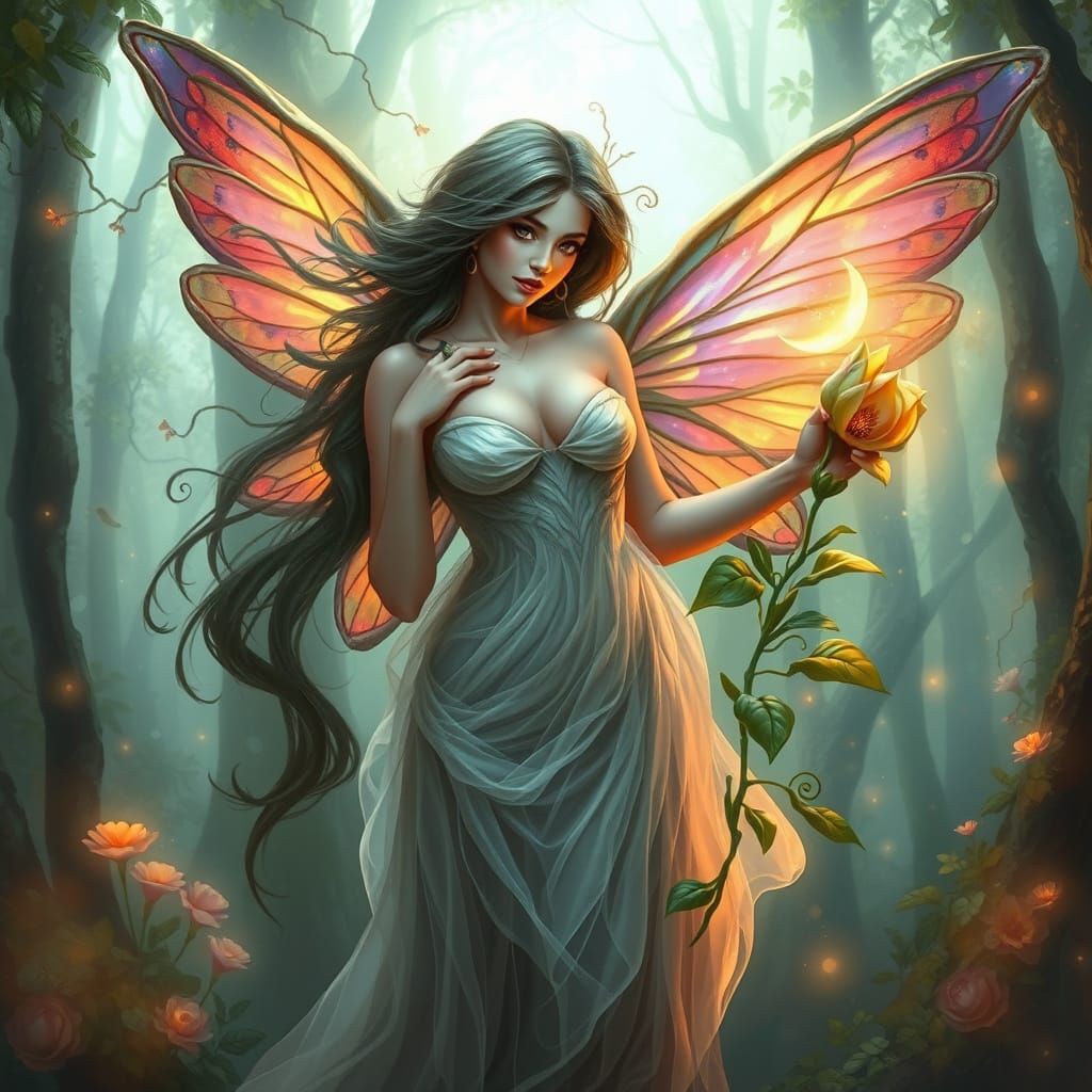 Enchanted Forest Fairy with Rainbow Wings