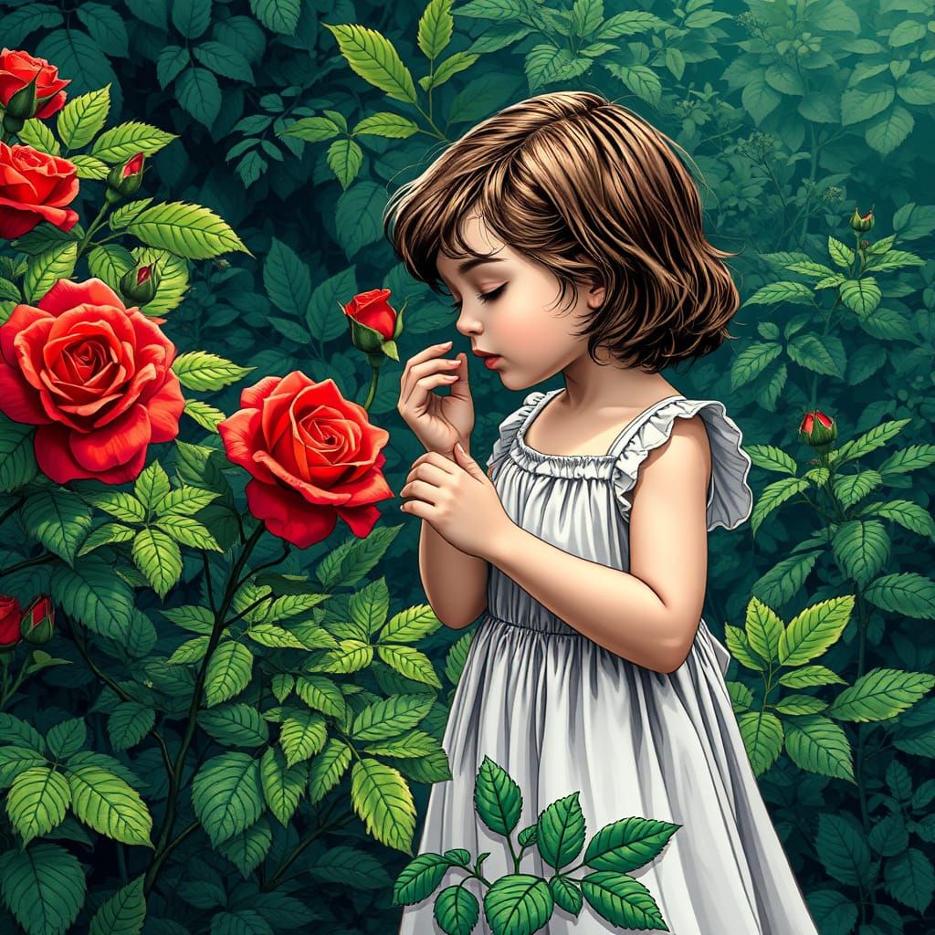 Girl Smelling Rose in Garden with Comic Style Shading