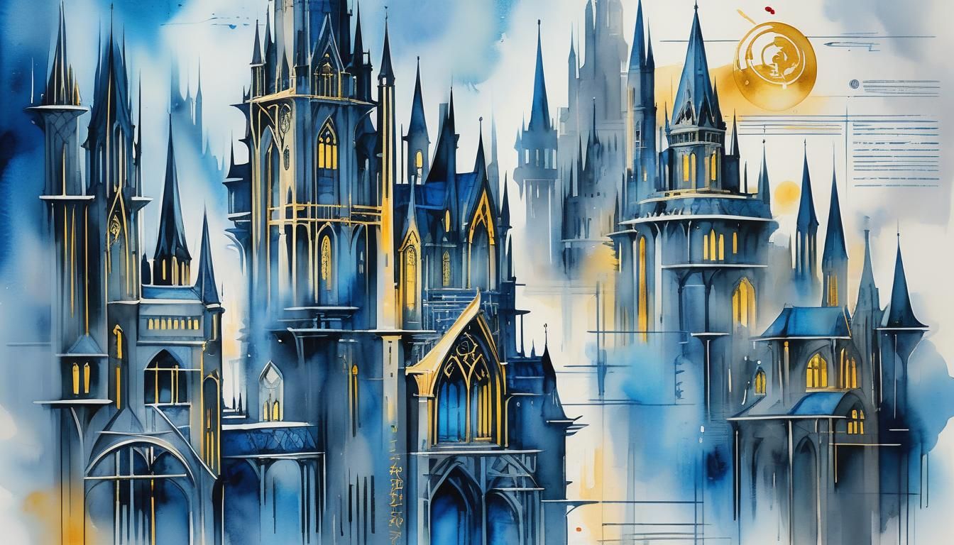 Futuristic Gothic City Blueprint in Watercolor Style