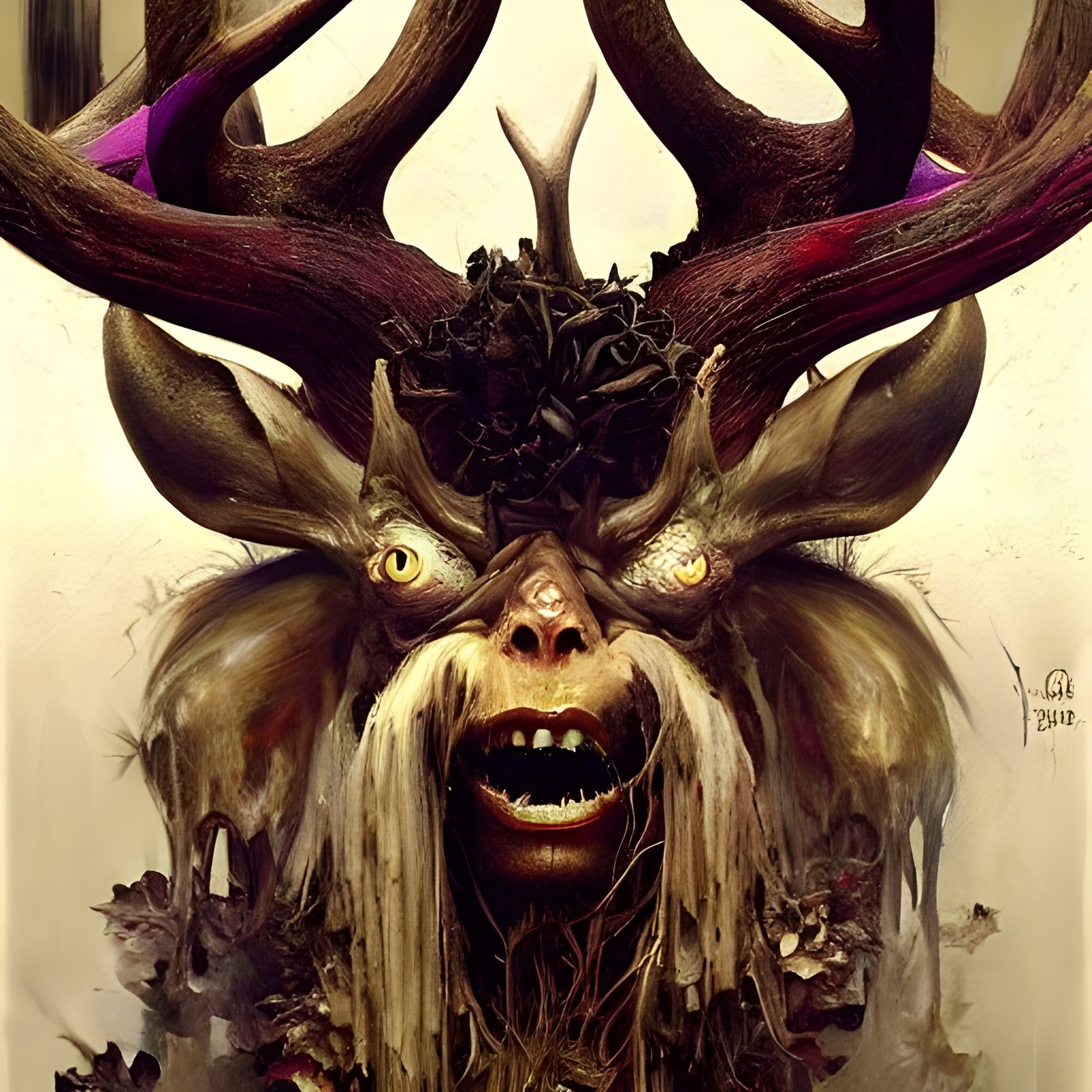 Sinister Stag-Human Hybrid in Baroque Art Nouveau Style