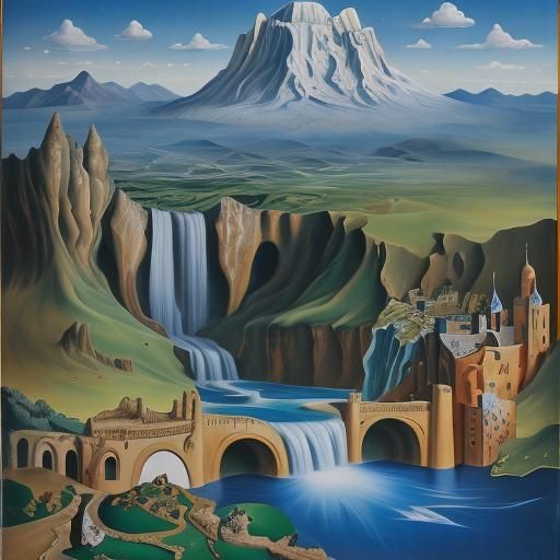 Surreal Waterfall Mountain Scene in Dali Style
